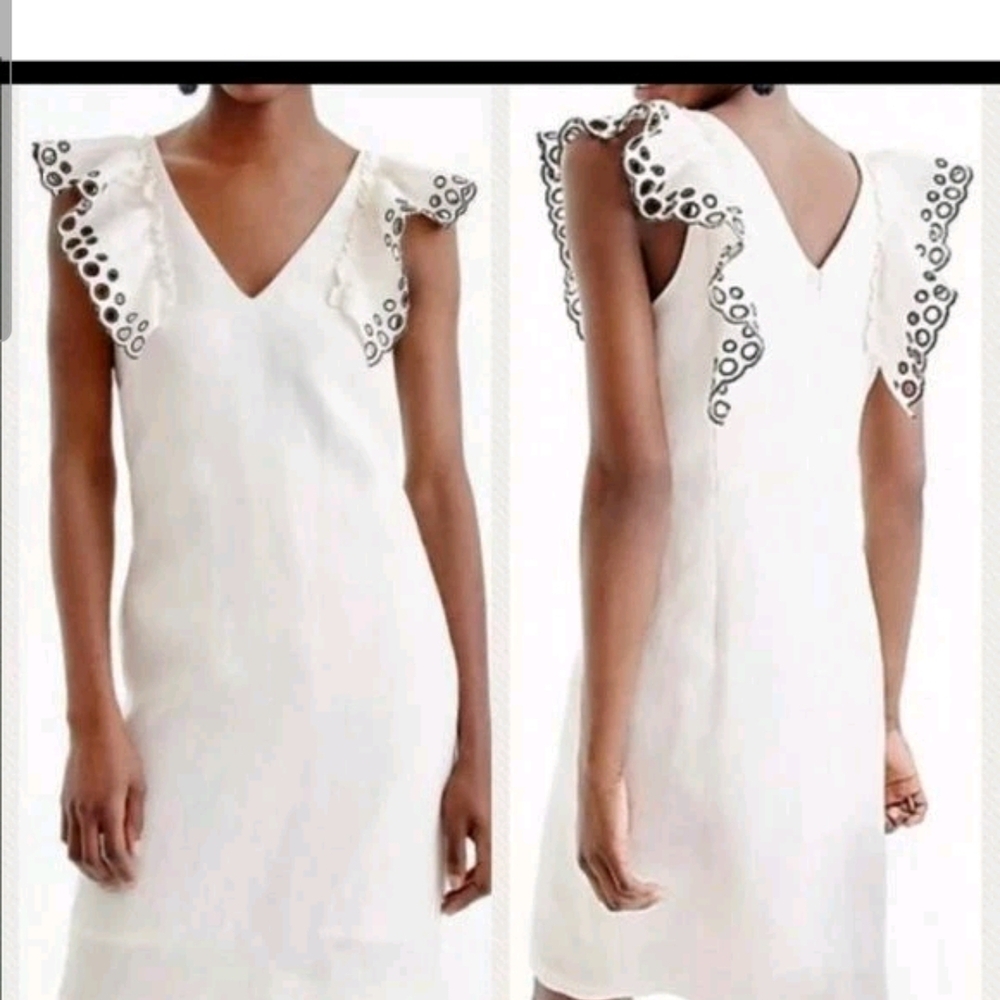 J. Crew White Mini Dress with Eyelet Ruffle Sleeves